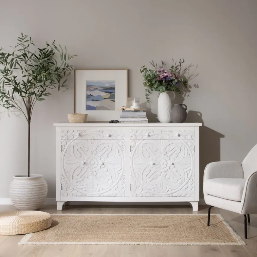 Banak Indira Meuble buffet en bois massif blanc sculpté de manguier