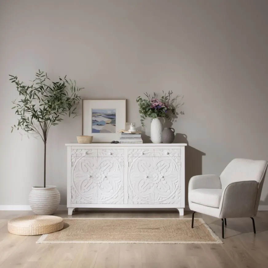 Banak Indira Meuble buffet en bois massif blanc sculpté de manguier