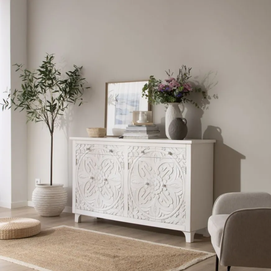Banak Indira Meuble buffet en bois massif blanc sculpté de manguier