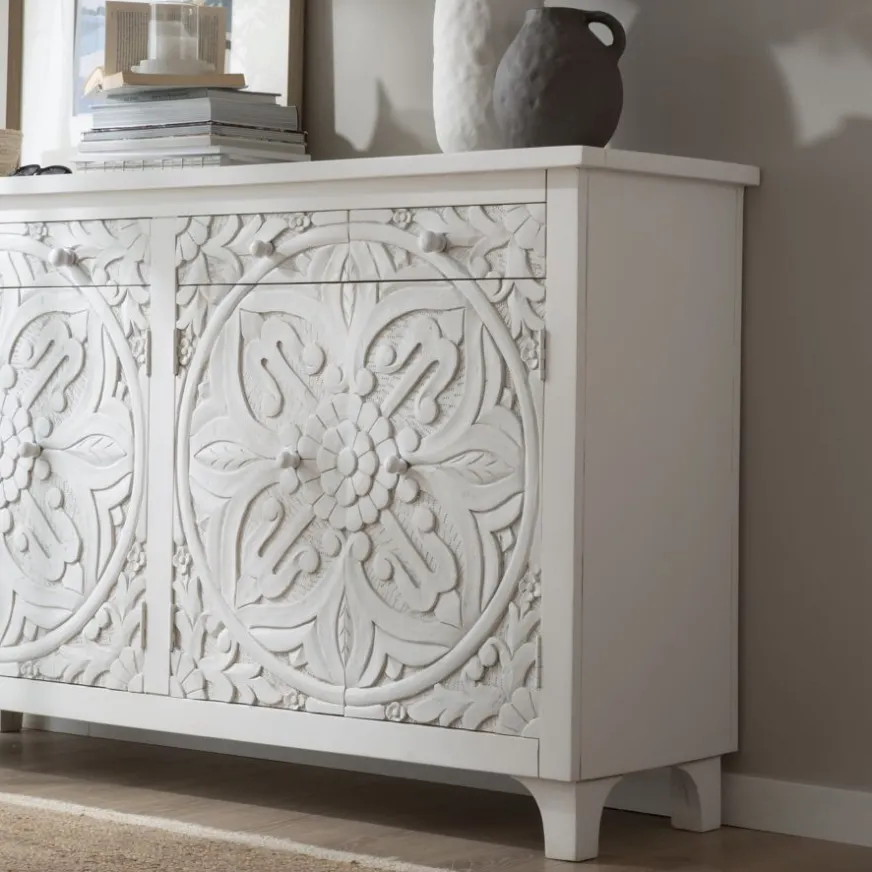 Banak Indira Meuble buffet en bois massif blanc sculpté de manguier