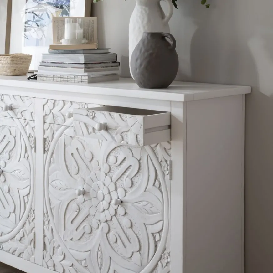 Banak Indira Meuble buffet en bois massif blanc sculpté de manguier