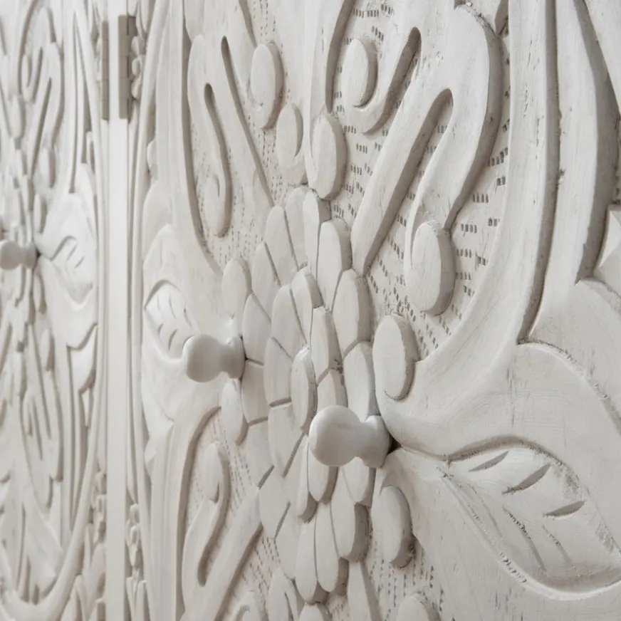 Banak Indira Meuble buffet en bois massif blanc sculpté de manguier