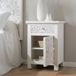 Banak Indira Table de nuit blanche en bois massif sculpté de manguier