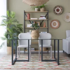 Banak Irune Table à manger en métal gris anthracite et verre de 160x95