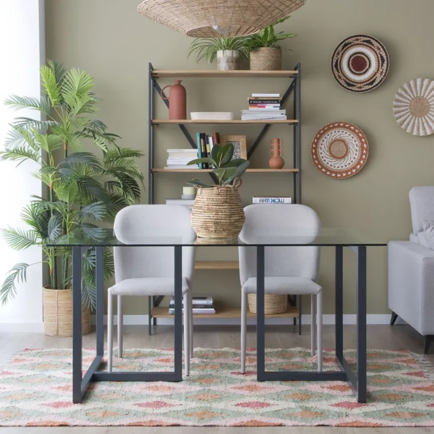 Banak Irune Table à manger en métal gris anthracite et verre de 160x95