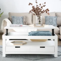 Banak Jil Table basse relevable en bois laqué blanc