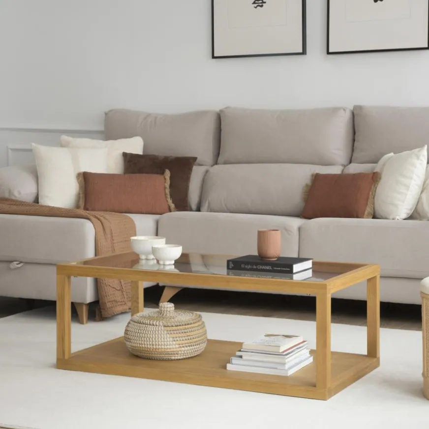 Banak Juliet Table basse en bois et verre couleur chêne naturel