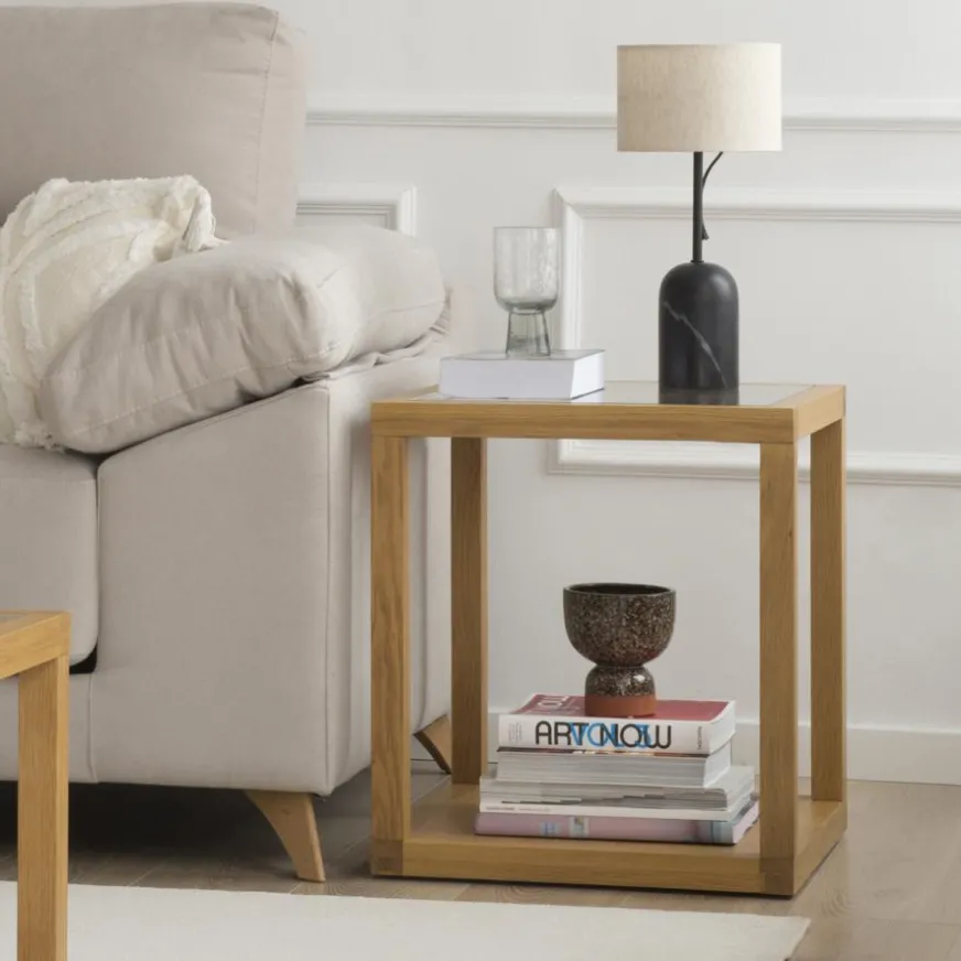Banak Juliet Table d'appoint en bois et verre couleur chêne naturel