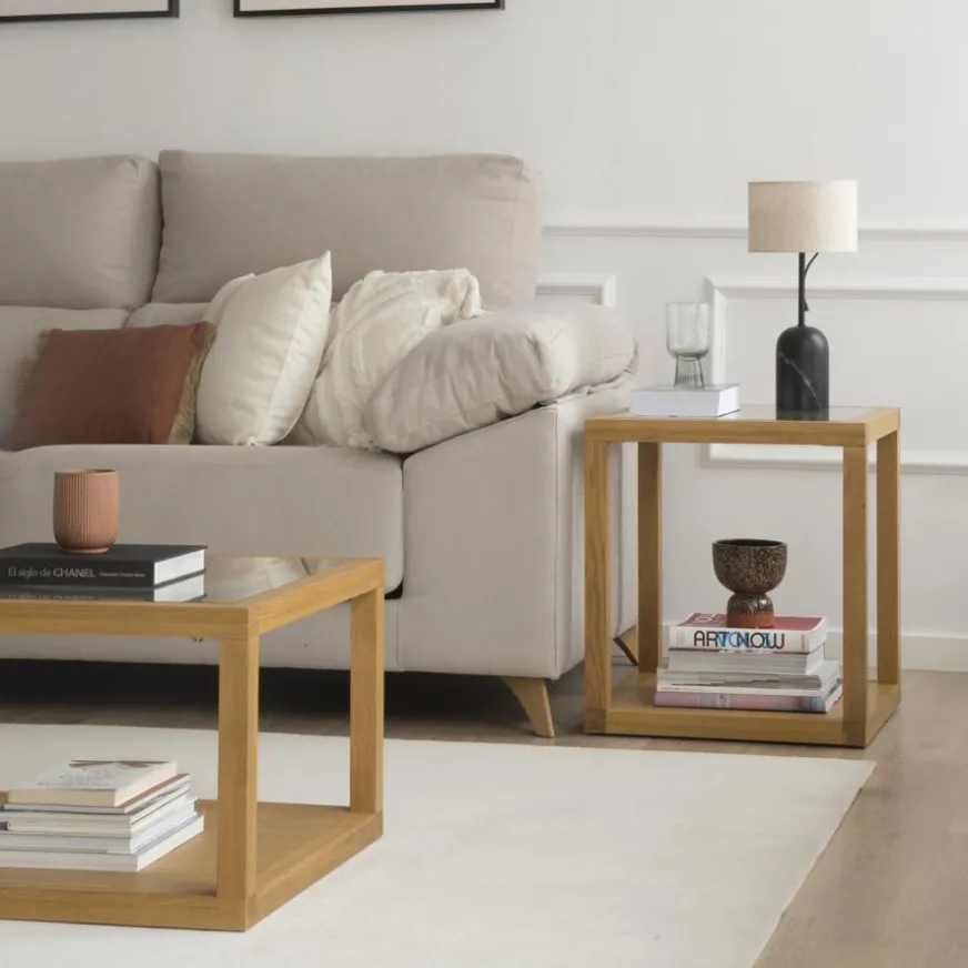 Banak Juliet Table d'appoint en bois et verre couleur chêne naturel