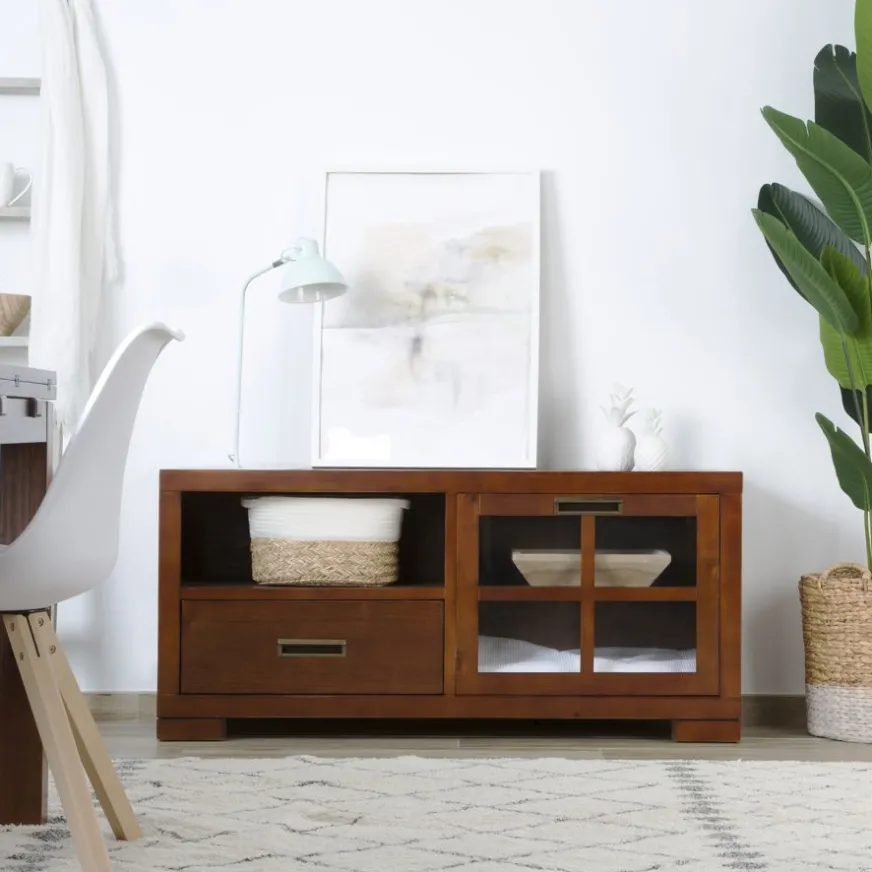 Banak Kenia Meuble tv petit en bois de teck de couleur.