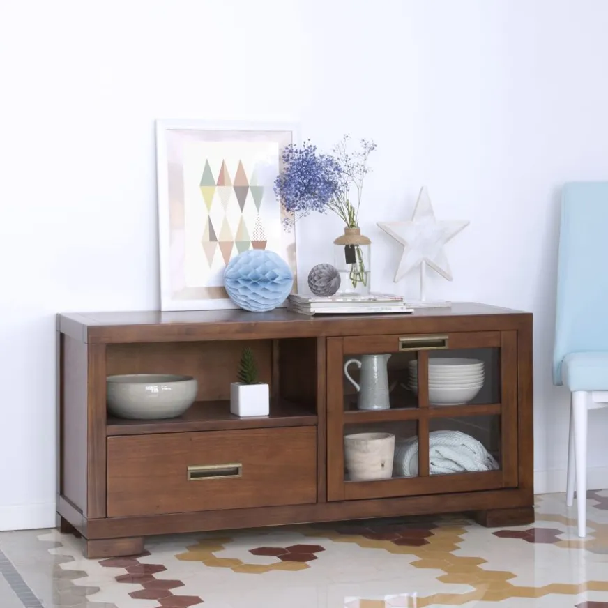 Banak Kenia Meuble tv petit en bois de teck de couleur.