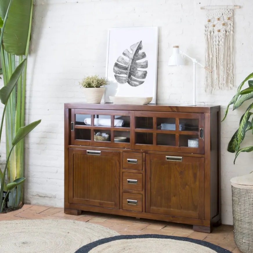 Banak Kenia Vitrine étroite en bois de teck de 145 cm