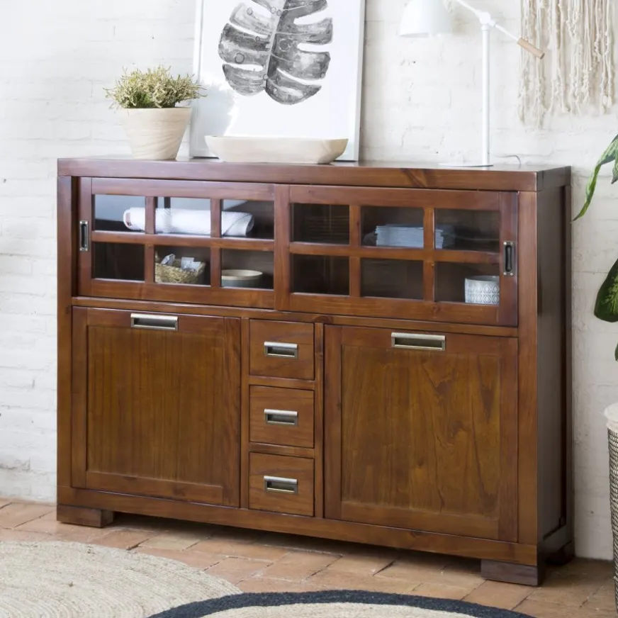 Banak Kenia Vitrine étroite en bois de teck de 145 cm