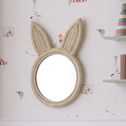 Enfant Banak Lapin Miroir mural rond en forme de lapin en rotin naturel