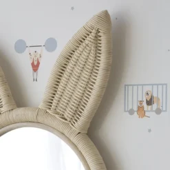Enfant Banak Lapin Miroir mural rond en forme de lapin en rotin naturel