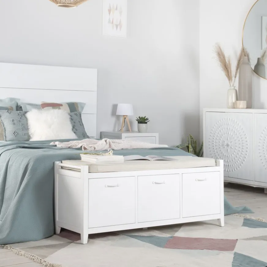 Banak Loen Banc avec rangement et coussins laqué en blanc