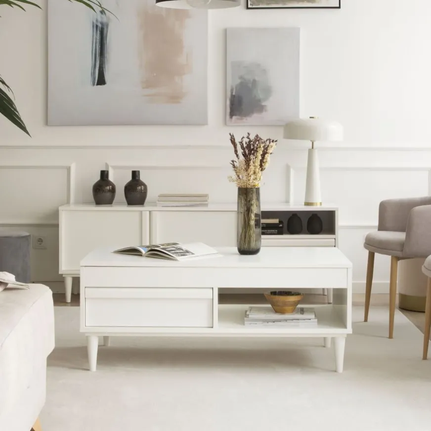 Banak Margot Table basse relevable en bois laqué blanc