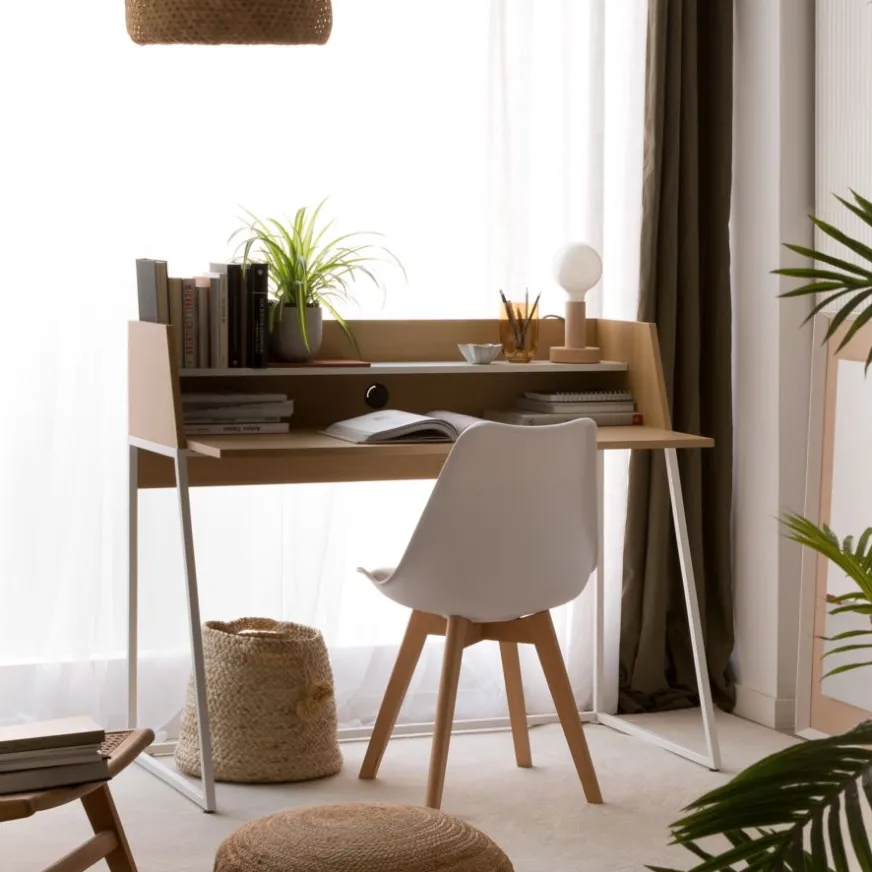 Banak Matisse Bureau en chêne clair et métal blanc avec étagère