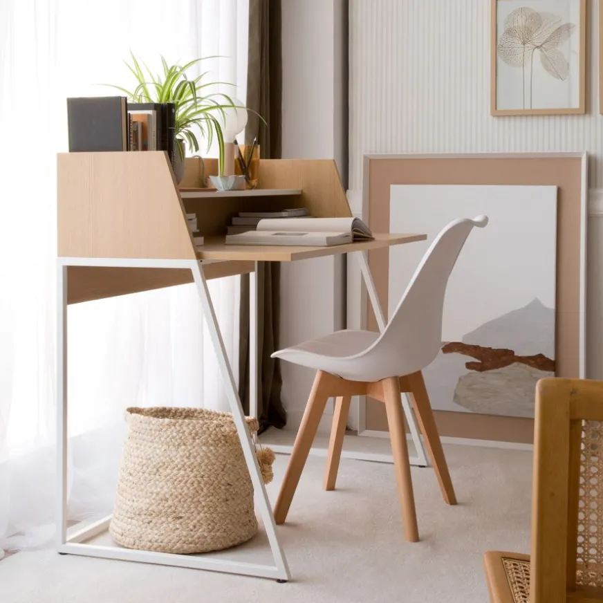 Banak Matisse Bureau en chêne clair et métal blanc avec étagère