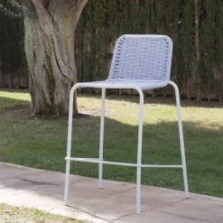 Banak Mink Tabouret de jardin en corde grise et aluminium blanc