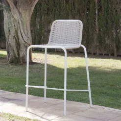 Banak Mink Tabouret de jardin en corde taupe et aluminium blanc