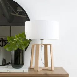 Banak Neil Lampe table base bois abat-jour blanc