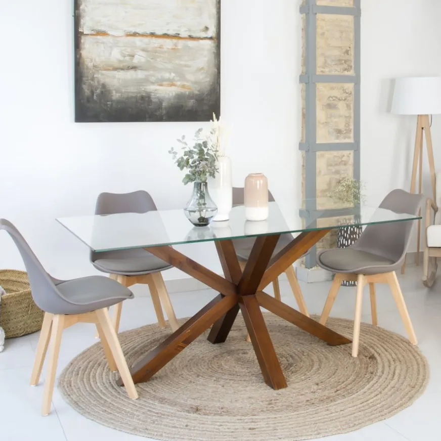 Banak Nurma Table à manger en bois massif de couleur teck et verre de 160x95