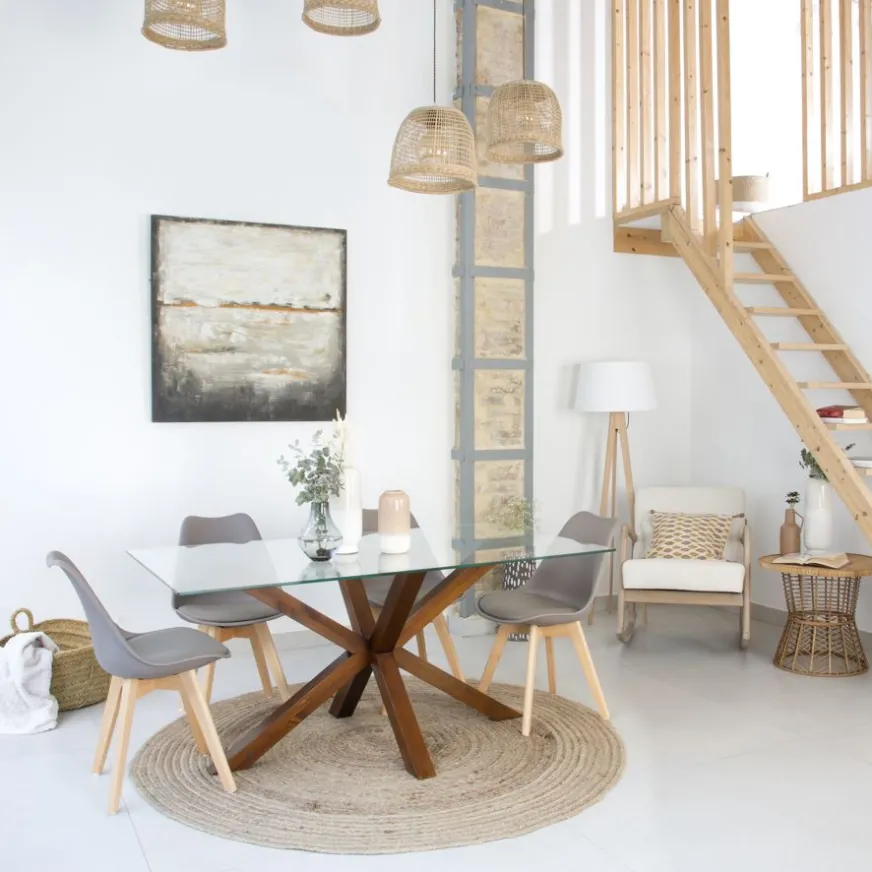 Banak Nurma Table à manger en bois massif de couleur teck et verre de 160x95