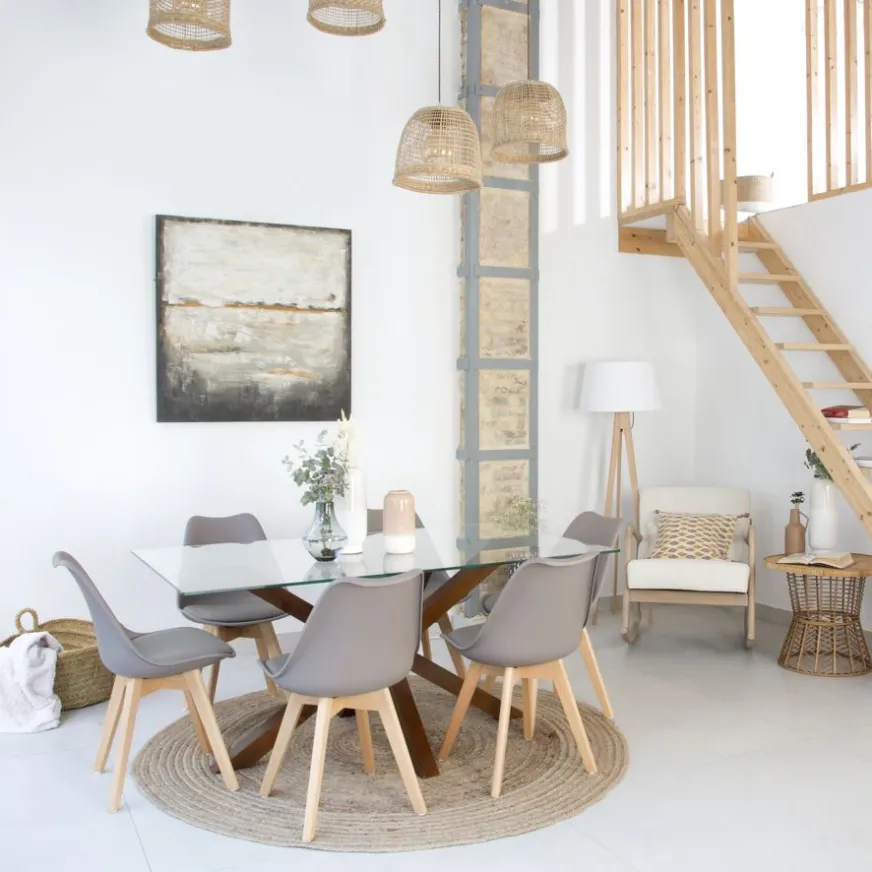 Banak Nurma Table à manger en bois massif de couleur teck et verre de 160x95