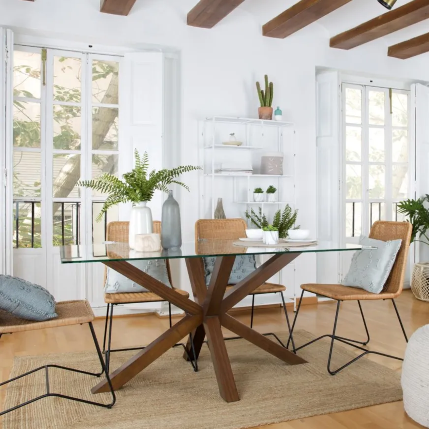 Banak Nurma Table à manger en bois massif de couleur teck et verre de 160x95