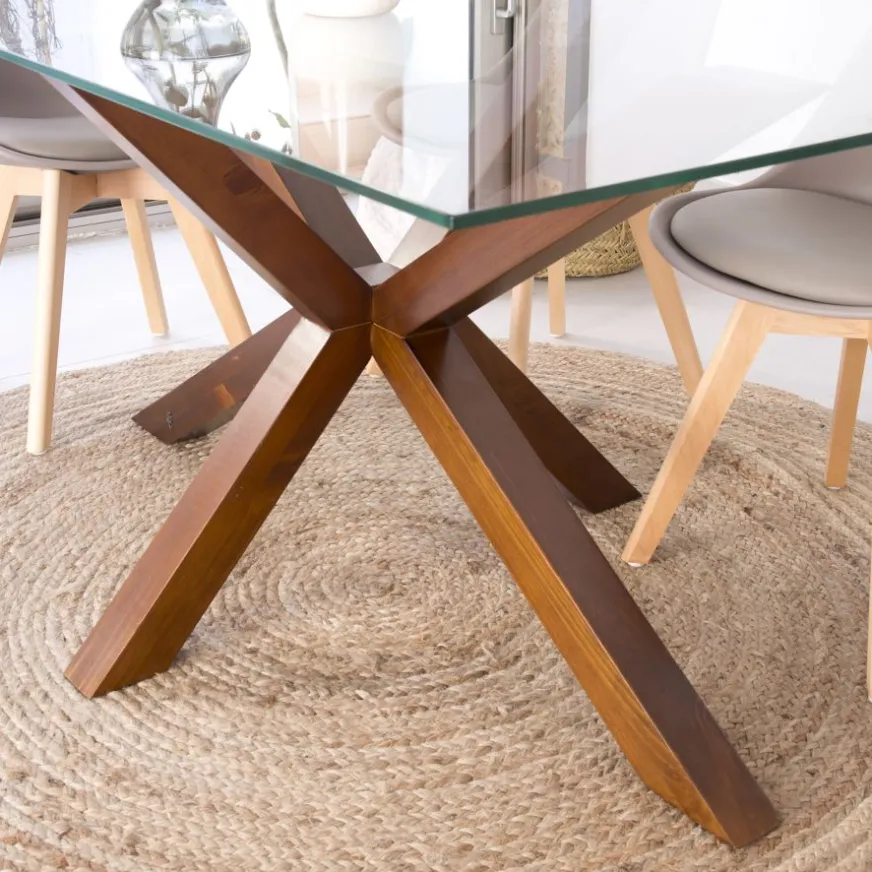 Banak Nurma Table à manger en bois massif de couleur teck et verre de 160x95