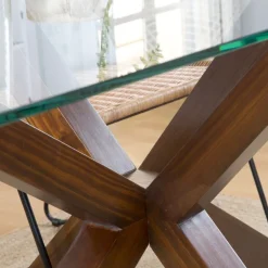Banak Nurma Table à manger en bois massif de couleur teck et verre de 160x95