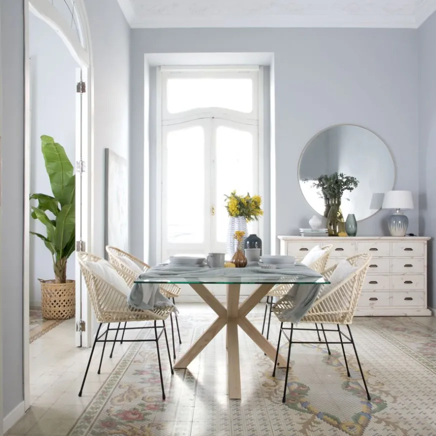 Banak Nurma Table à manger en bois de couleur naturelle et verre de 160x95