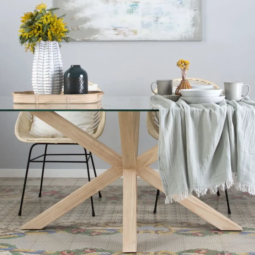 Banak Nurma Table à manger en bois de couleur naturelle et verre de 160x95