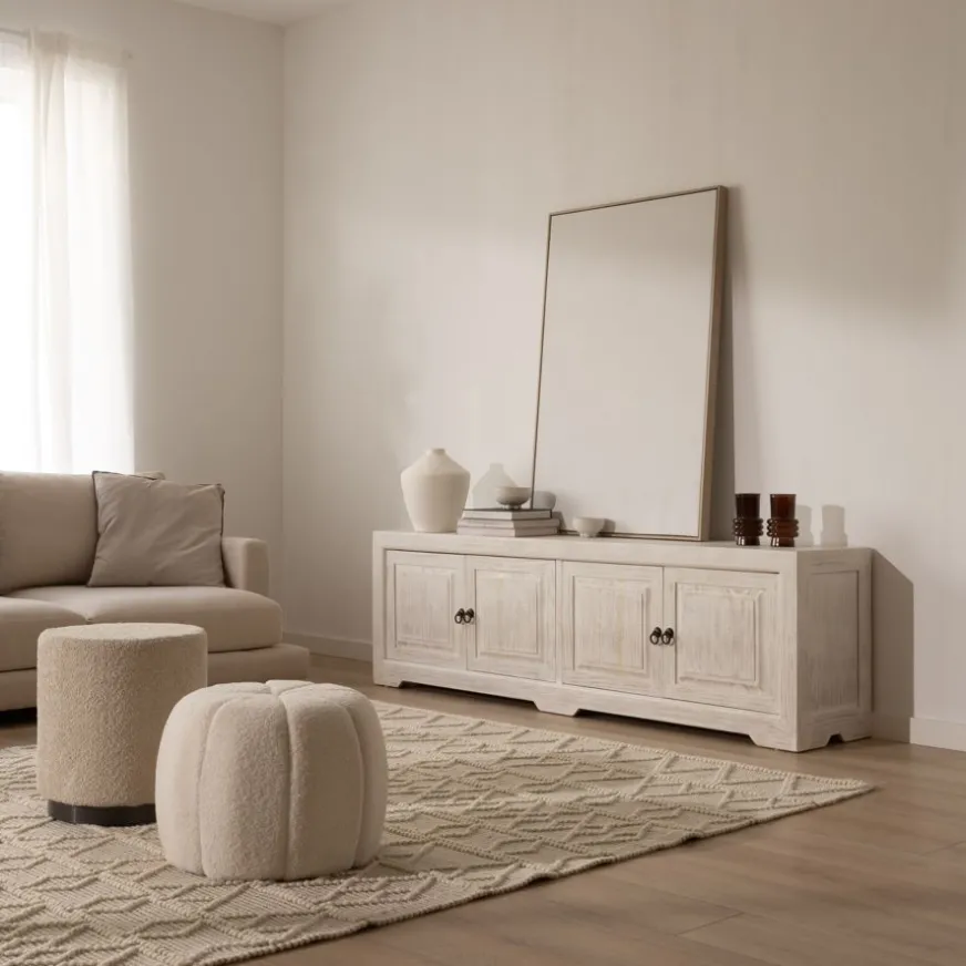 Banak Oblak Mueble tv de madera maciza blanco shabby de 200 cm