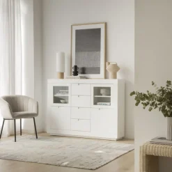 Banak Sisal Buffet étroit en bois laqué blanc