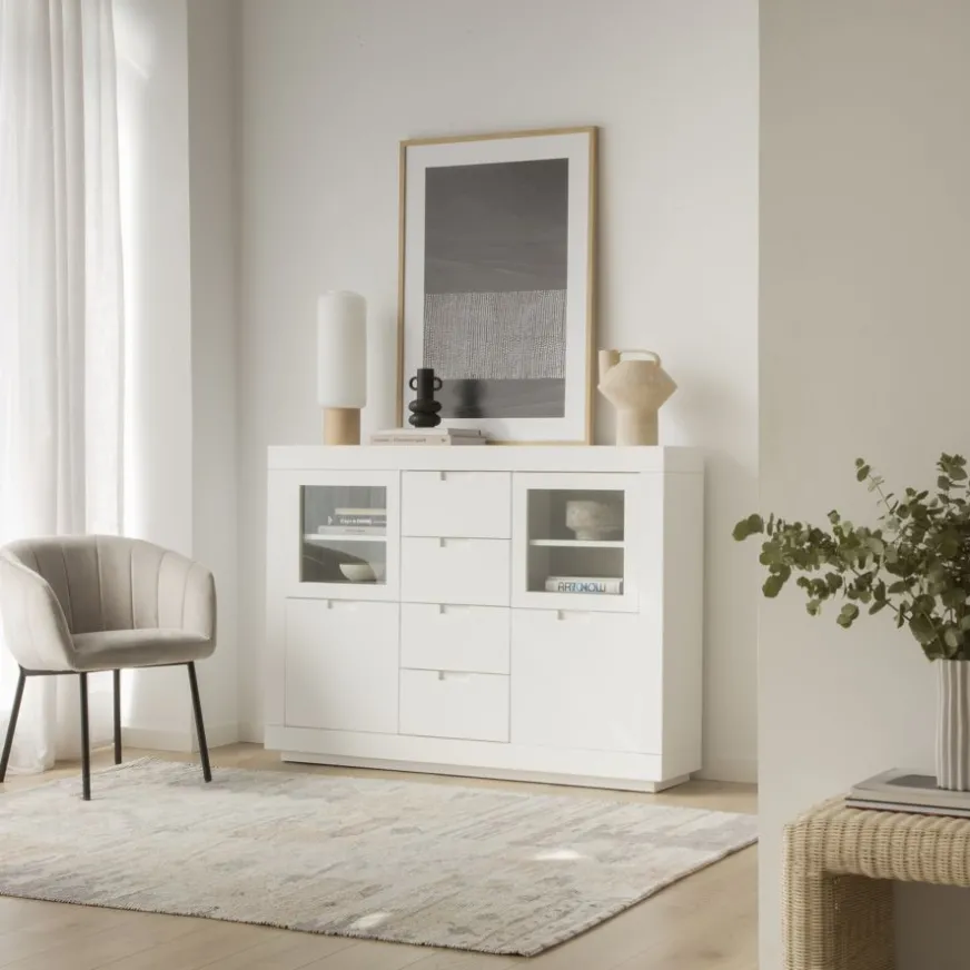 Banak Sisal Buffet étroit en bois laqué blanc