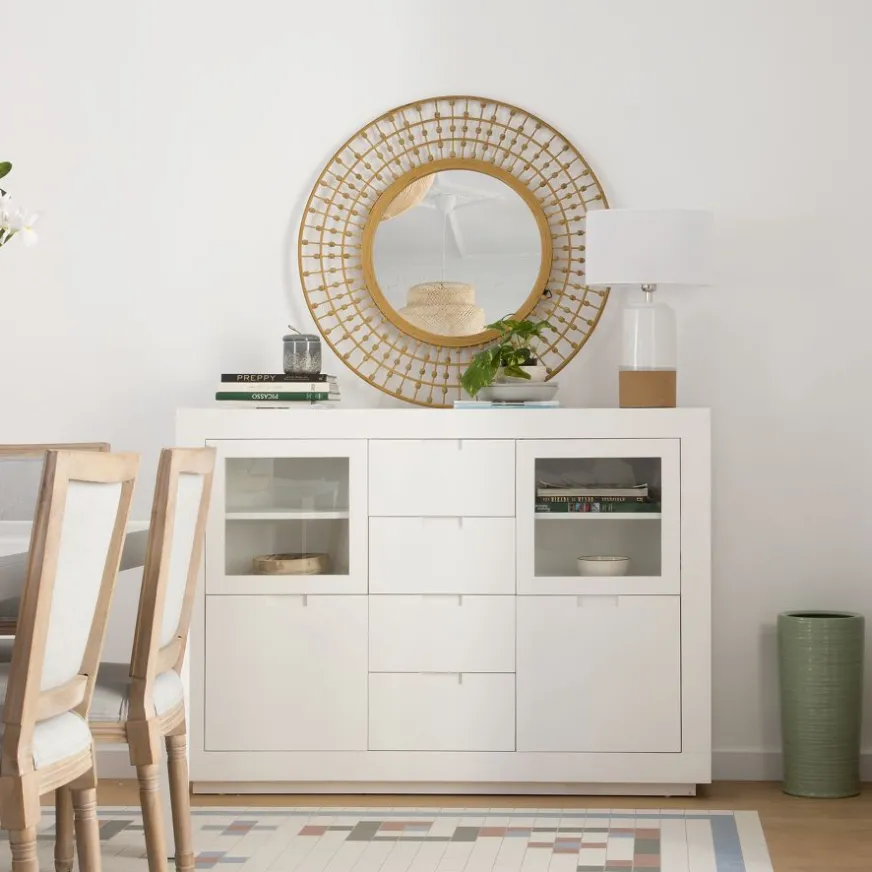 Banak Sisal Buffet étroit en bois laqué blanc
