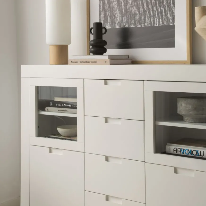 Banak Sisal Buffet étroit en bois laqué blanc