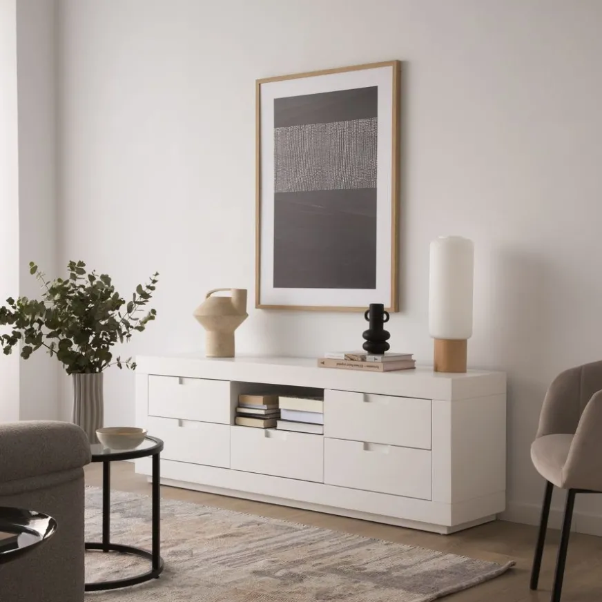 Banak Sisal Meuble tv en bois laqué blanc 160 cm