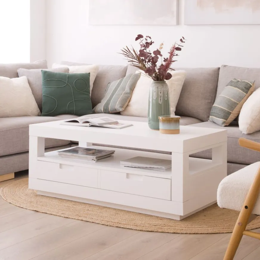 Banak Sisal Table basse en bois laqué blanc