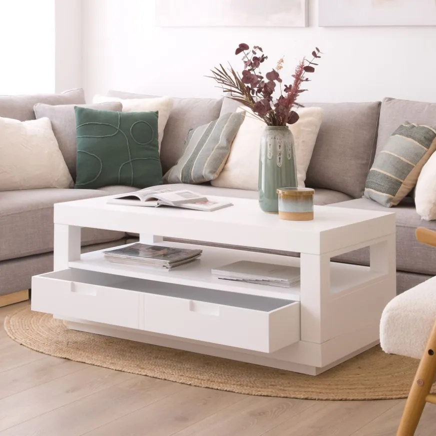 Banak Sisal Table basse en bois laqué blanc