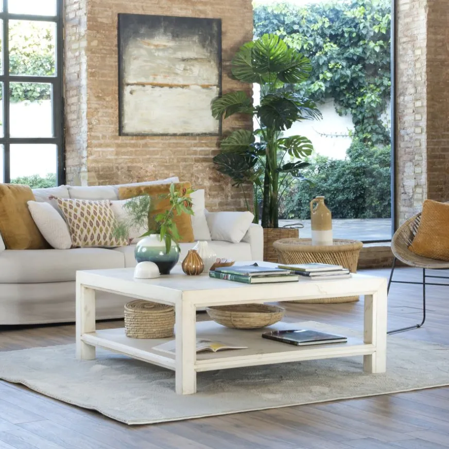 Banak Soho Table basse en bois massif carrée en blanc décapé