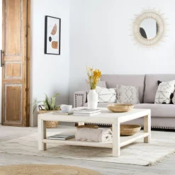 Banak Soho Table basse en bois massif carrée en blanc décapé