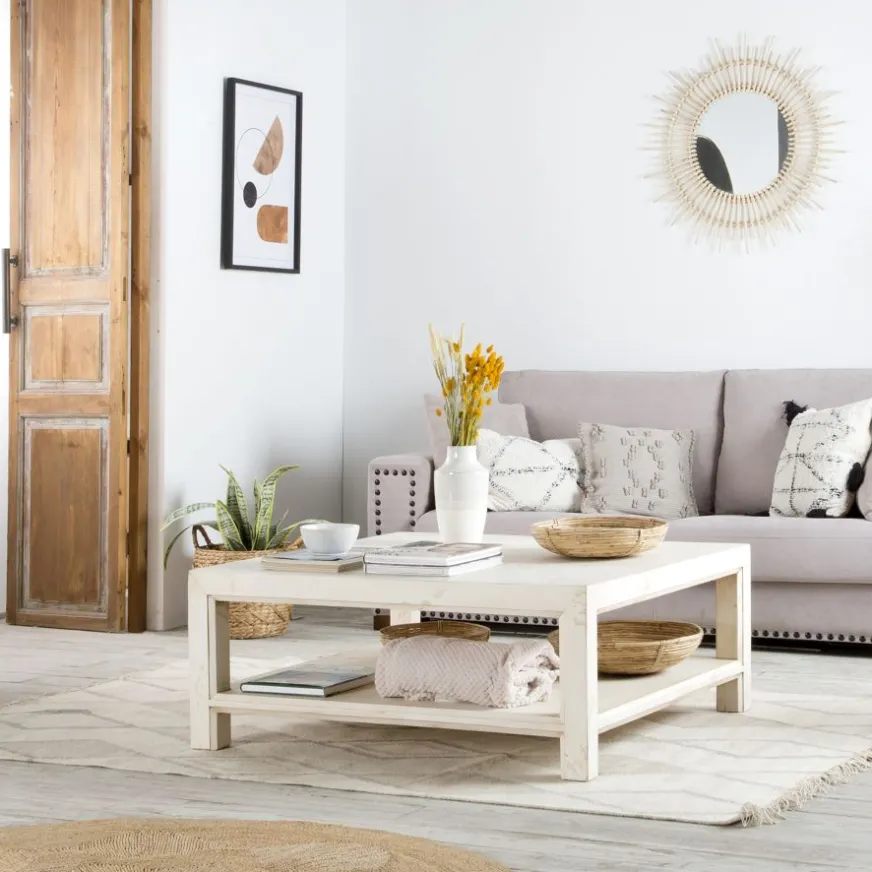 Banak Soho Table basse en bois massif carrée en blanc décapé