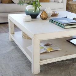 Banak Soho Table basse en bois massif carrée en blanc décapé