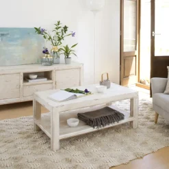 Banak Soho Table basse rectangulaire en bois massif de couleur blanc décapé