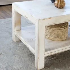 Banak Soho Table basse rectangulaire en bois massif de couleur blanc décapé