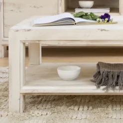 Banak Soho Table basse rectangulaire en bois massif de couleur blanc décapé