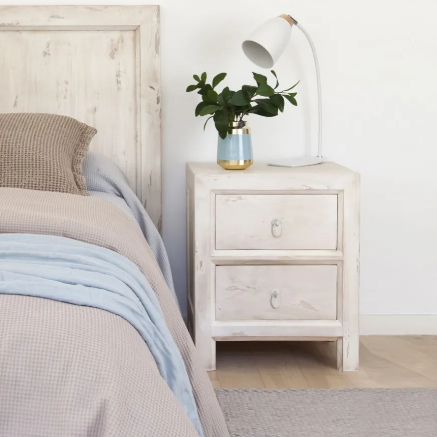 Banak Soho Table de nuit en bois massif en blanc décapé
